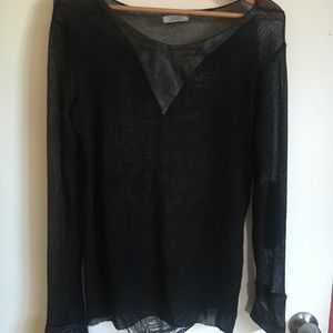 Black cotton and leather sweater. Distressed.